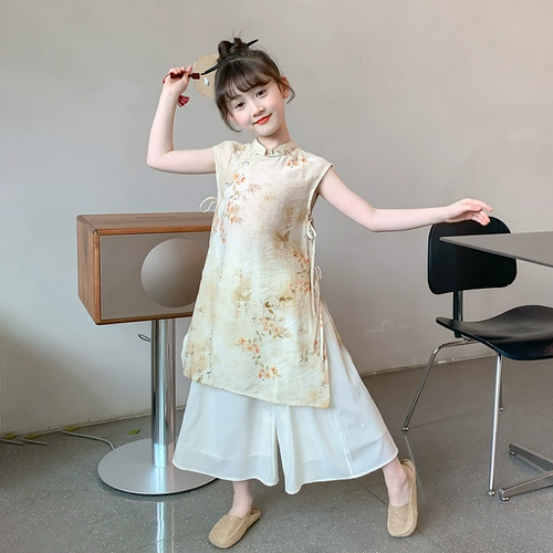 Летнее ципао, ханьфу, летняя юбка на девочку, комплект, китайский стиль