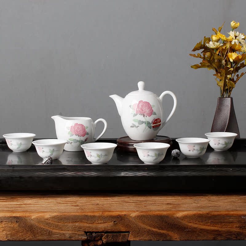 China red porcelain up four seasons flowers 8 head kung fu tea set under the liling glaze color hand - made pottery pot gift cup pot
