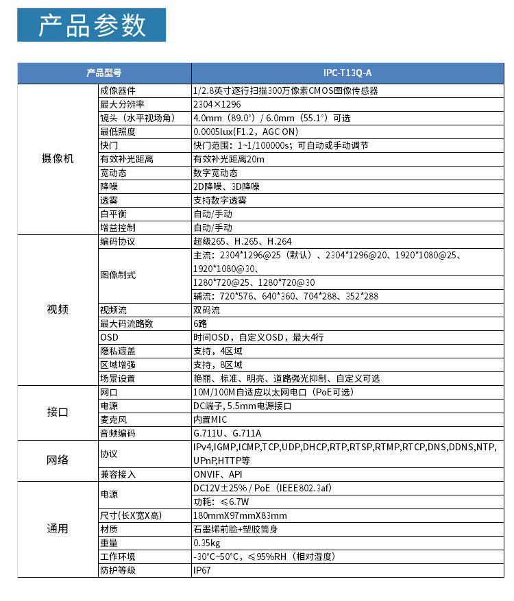 IP-камера 宇视科技  阿宇300万全彩筒形网络摄像机 ipc-t13q-a系列