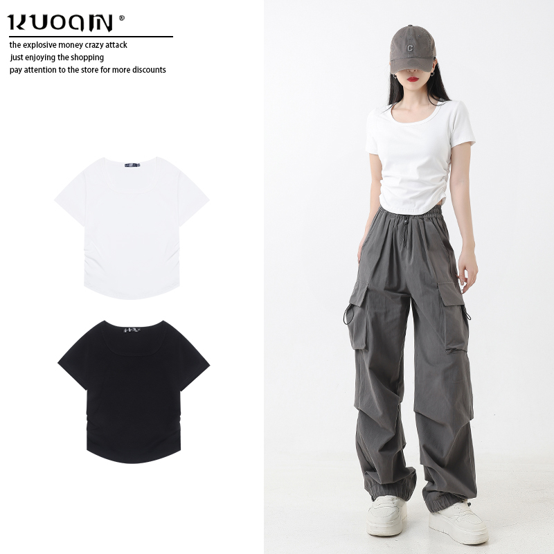 Pure Cotton Right-Shoulder U-Neck Short-Sleeved T-Shirt for Women in Summer, Side Waist-Cinching, Curved U-Shaped Hem, Slimming Short Jazz Top Pure Cotton Right-Shoulder U-Neck Short-Sleeved T-Shirt for Women in Summer, Side Waist-Cinching, Curved U-Shaped Hem, Slimming Short Jazz Top