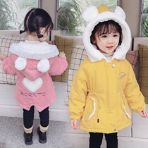 Girl coat autumn and winter clothes plus velvet thickened 2021 new foreign childrens cotton clothes female baby cotton clothes Korean Princess