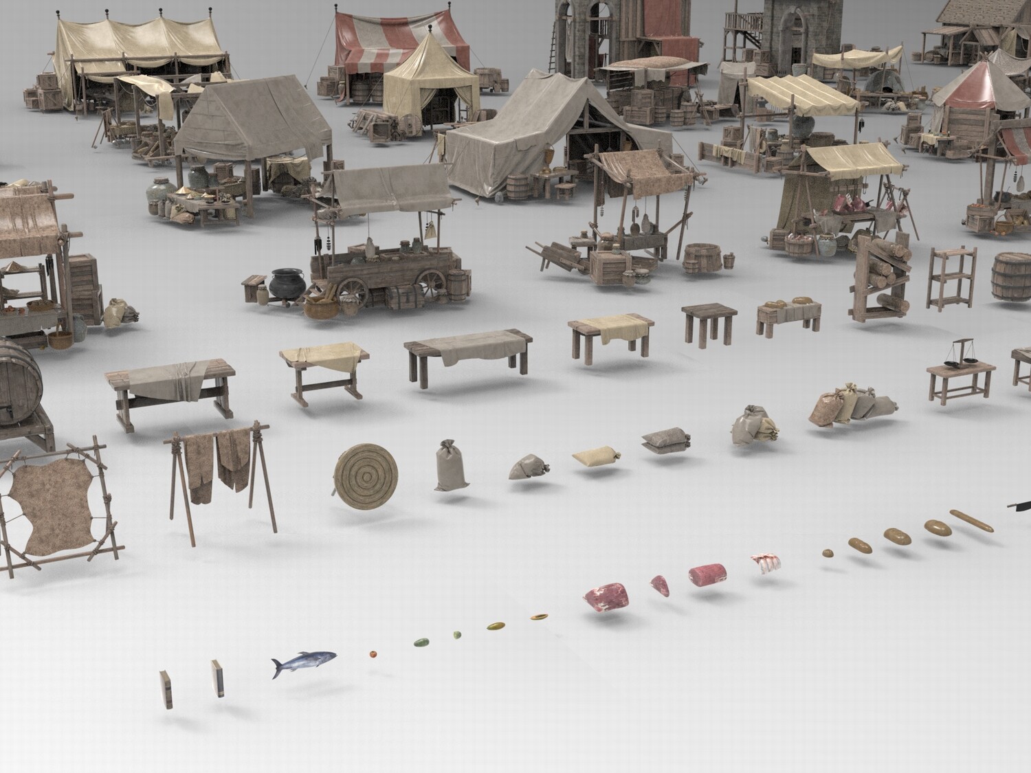 图片[3]-C4D中世纪风格市集FBX帐篷OBJ简易木屋Blender摊位木桶推车3D素材-cg男孩