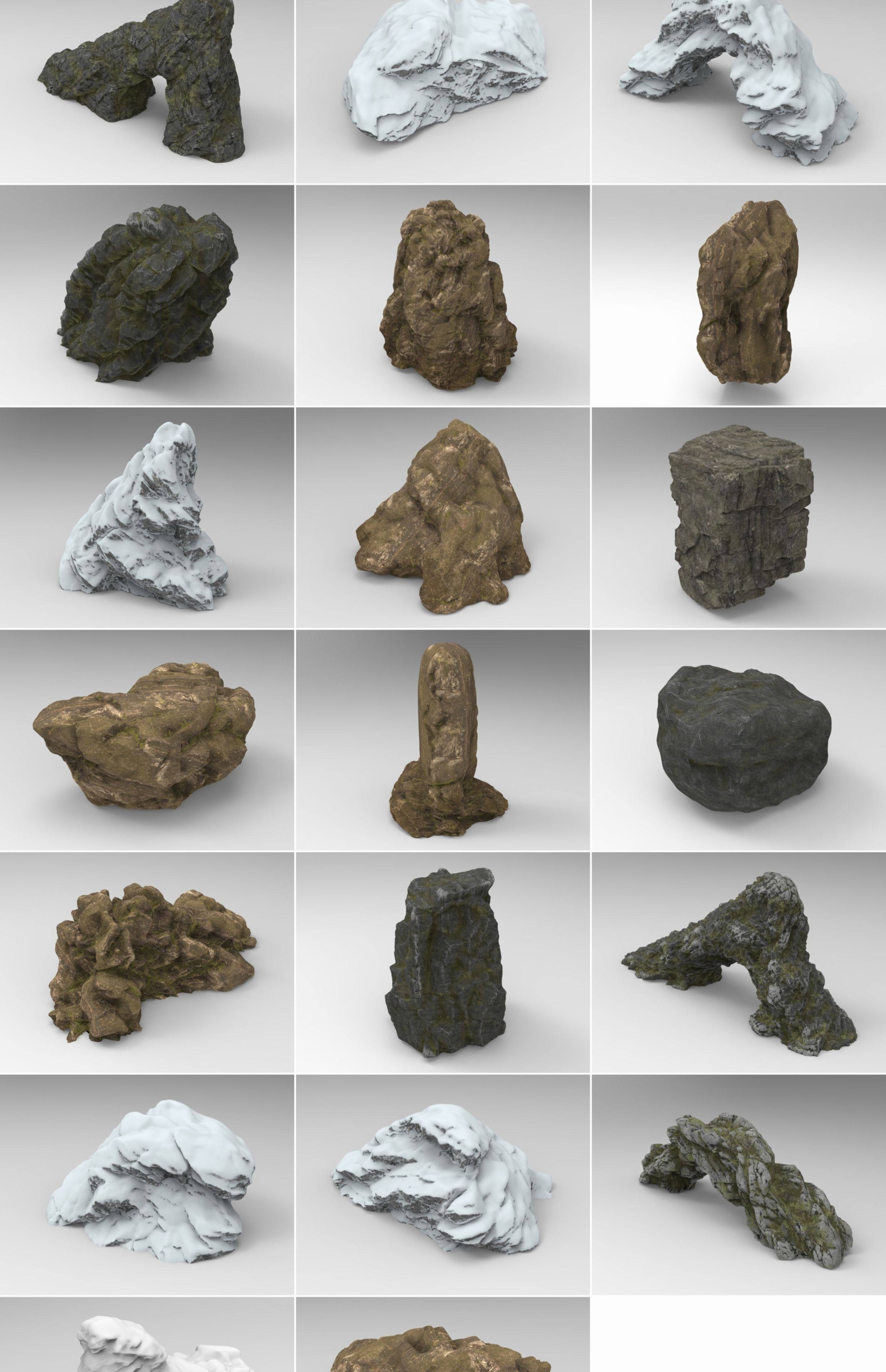 C4D青苔石头FBX岩石STL积雪覆盖石块OBJ拱形岩Blender层叠岩模型-cg男孩