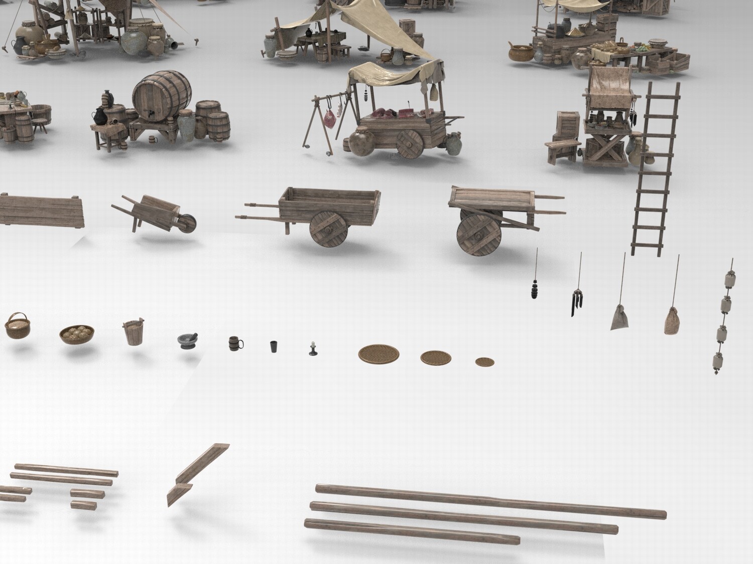 图片[2]-C4D中世纪风格市集FBX帐篷OBJ简易木屋Blender摊位木桶推车3D素材-cg男孩