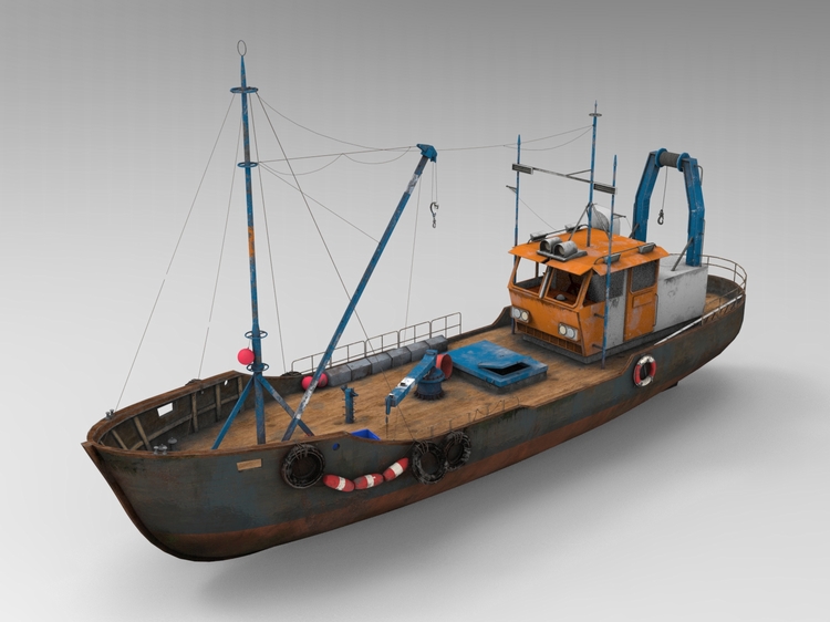 C4D老式卡通废旧船只FBX捕捞渔船OBJ素材unity文件游戏场景3D道具-cg男孩