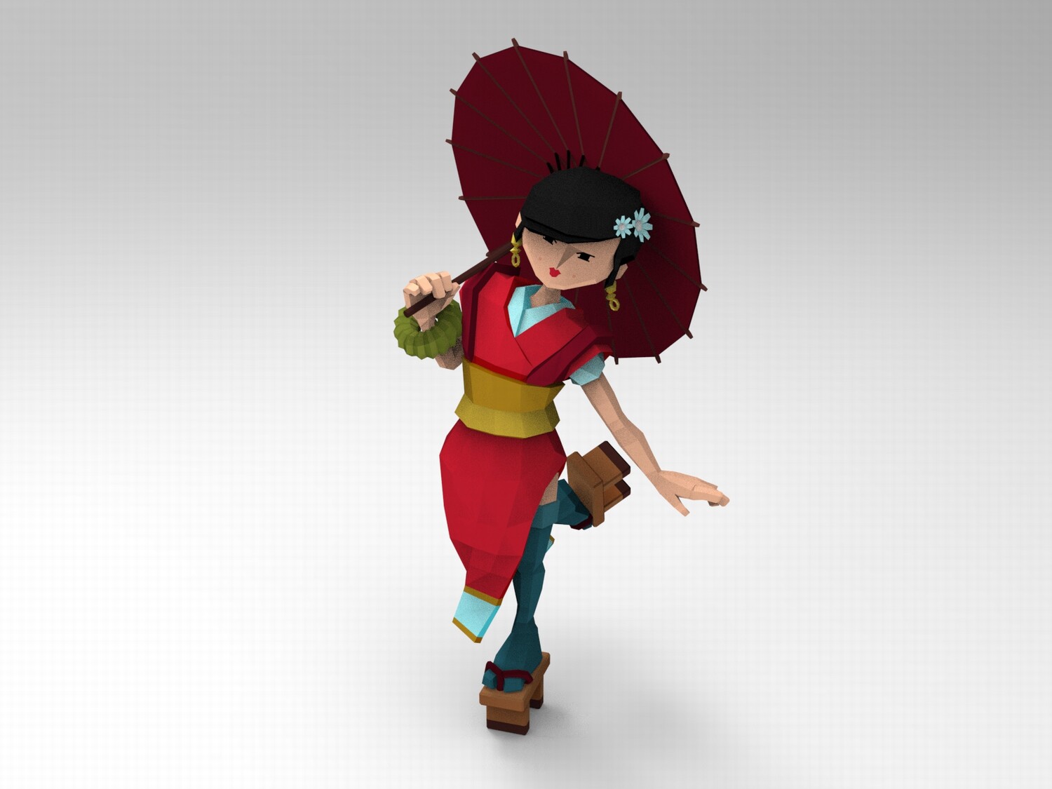 C4D低面多边形卡通女性FBX日式风格木屐STL油纸伞OBJ人物设计素材-cg男孩