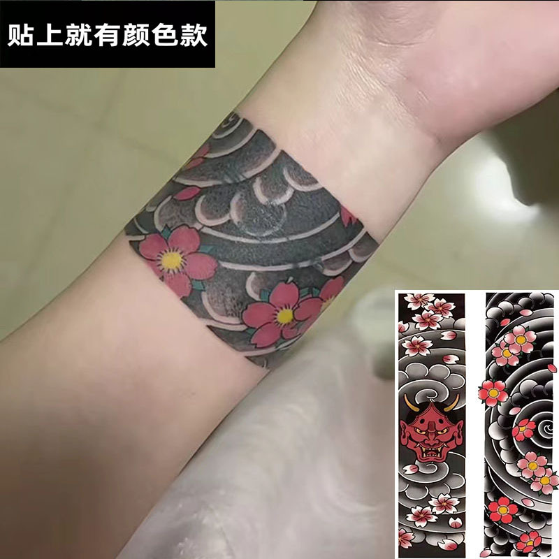 Brake Print Japanese Traditional Cherry Blossom Armband Tattoo Sticker Colorful Hannya Wave Pattern Waterproof Long-Lasting Realistic Tattoo