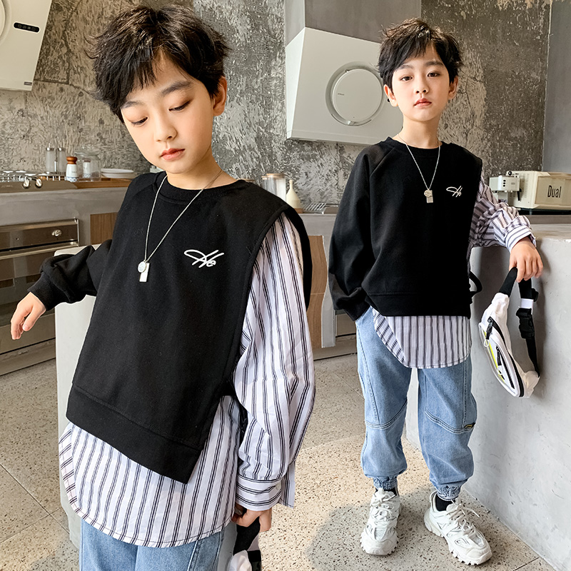 Boys spring and autumn fake two-piece sweater 2022 new middle-aged children's autumn clothes Western style cotton top children's handsome trend