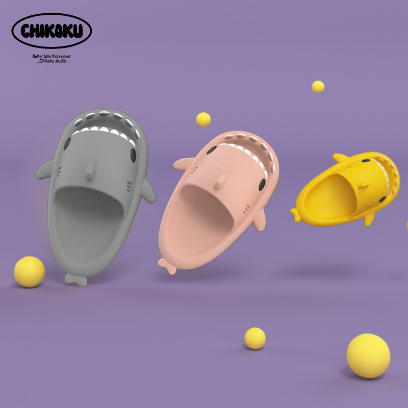 chikoku Korean slippers parent-child family of three indoor non-slip soft bottom sandals cartoon shark slippers female summer