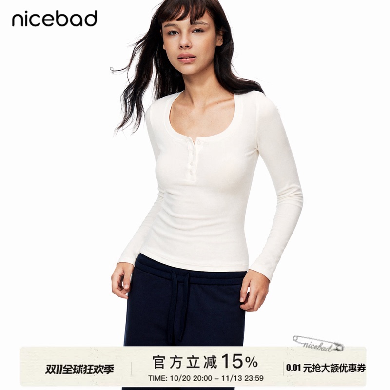 Nicebad Henry Collar Tight-Fitting U-Neck Long-Sleeve Elastic Ribbed Slim-Fit Short Spring and Autumn Top Base Shirt