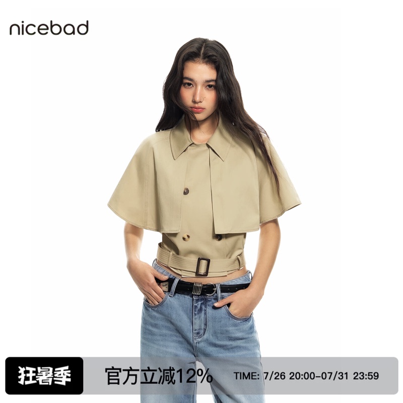 Nicebad Cape Trench Coat Jacket with Double-Breasted Buttons, Adjustable Waist Belt, Slim Fit, Versatile Design, Stylish Top for Spring