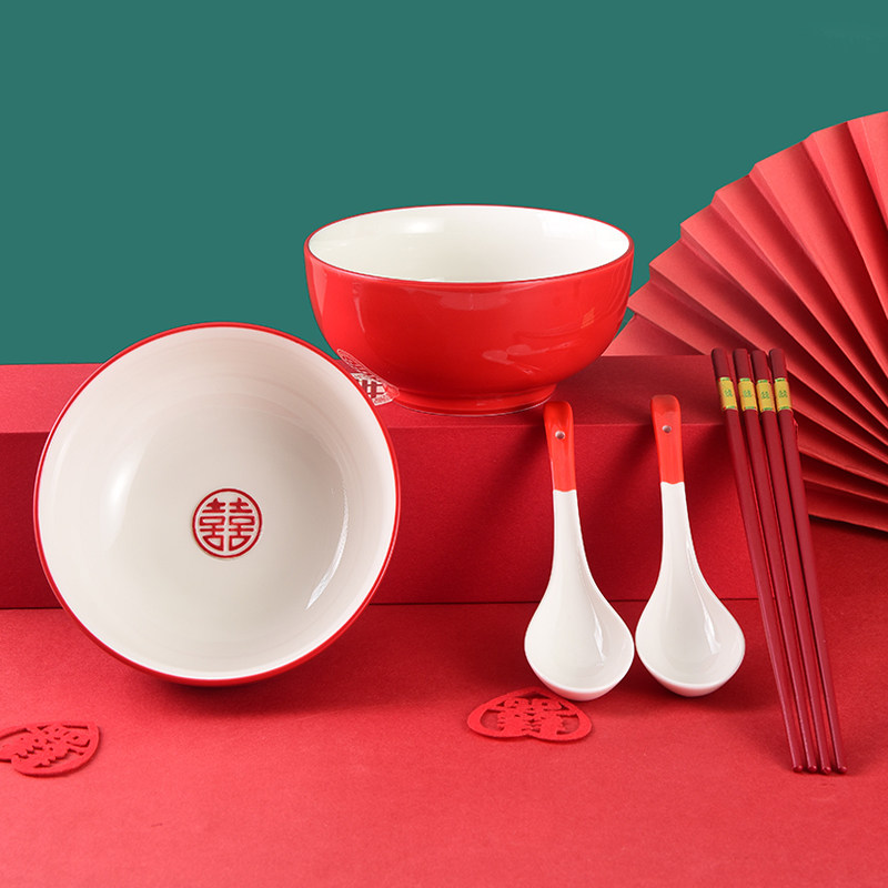6 inch engagement noodle big hi bowl ceramic wedding hi bowl chopsticks spoon set bride dowry red large bowl home