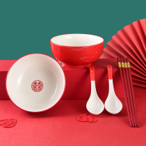 6 inch engagement eating noodles big Happy Bowl ceramic wedding bowl chopsticks spoon set bride dowry Red large Bowl home