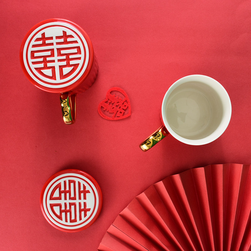Wedding wash cup toothbrush cup ceramic red tooth cylinder dowry set couple couple newlywed creative cup home
