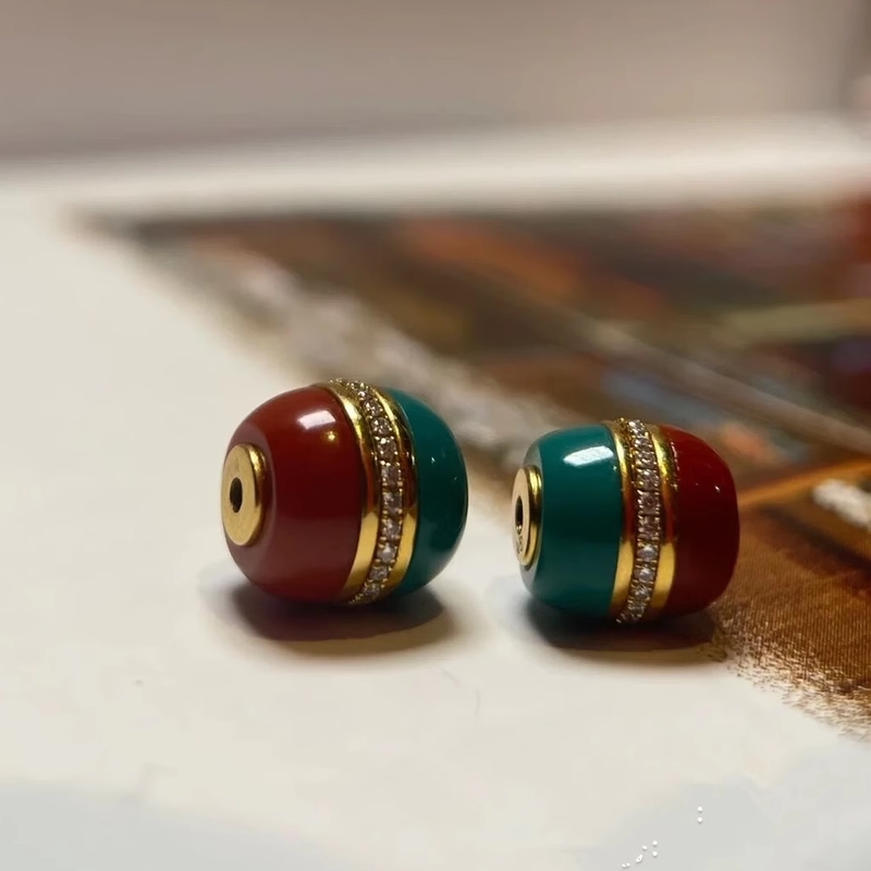 Turquoise Paired with Southern Red Diamond Hamburger Beads, Genuine 18K Gold Inlaid Vintage-Style Handheld Bracelet with Premium Beads