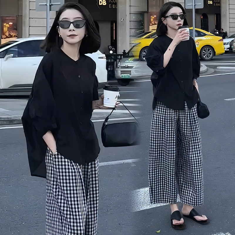 High-End Fashion Casual Suit for Women 2026 Summer New Loose Shirt Plaid Wide-Leg Pants Two-Piece Set Trendy High-End Fashion Casual Suit for Women 2026 Summer New Loose Shirt Plaid Wide-Leg Pants Two-Piece Set Trendy