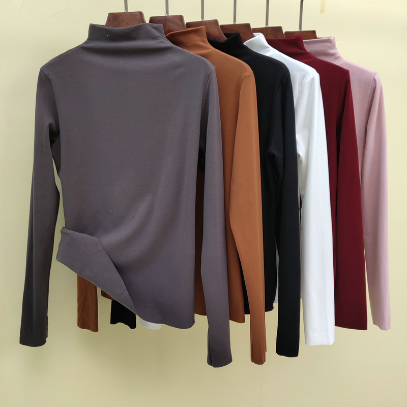 2022 Spring and autumn new grinding and semi-high neckline thickened undershirt woman long sleeve uplift with velvety pure cotton blouse