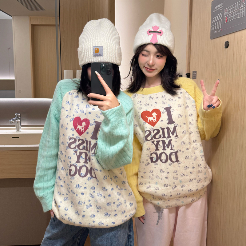 Ju403 American-Style Fun Print Color-Blocked Knitted Sweater for Women, Loose Casual Versatile Pullover Top for Autumn and Winter