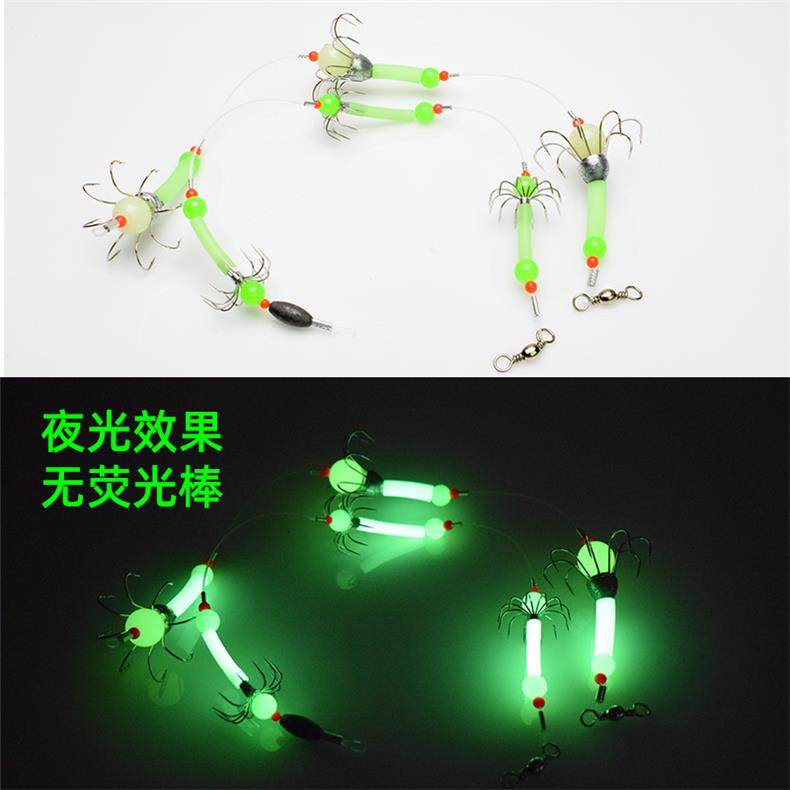 Luminous squid hook boat fishing gear Hook Blow Cylinder Ink Fish Wood Shrimp Hook Night Fishing fluorescent Three Fly Hanging Cylinder Hook hanging