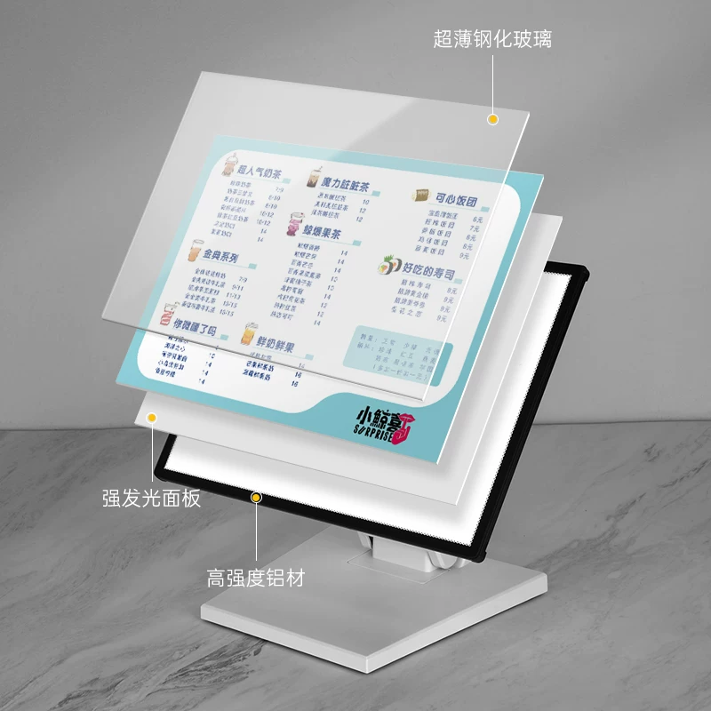 LED luminous platform card aluminum alloy border ultra -thin drawing light box custom drawing and pull replacement screen display card table table tamper milk tea coffee shop price meter table standing card adjustable base