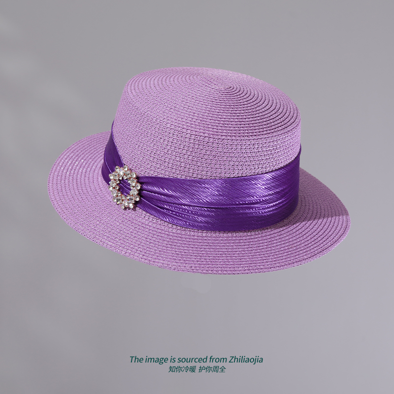 French-Style Elegant Diamond Buckle Ribbon Straw Hat for Women, Summer Flat-Top Hat, British Casual Versatile Vacation Sun Hat, Sun Protection Hat French-Style Elegant Diamond Buckle Ribbon Straw Hat for Women, Summer Flat-Top Hat, British Casual Versatile Vacation Sun Hat, Sun Protection Hat