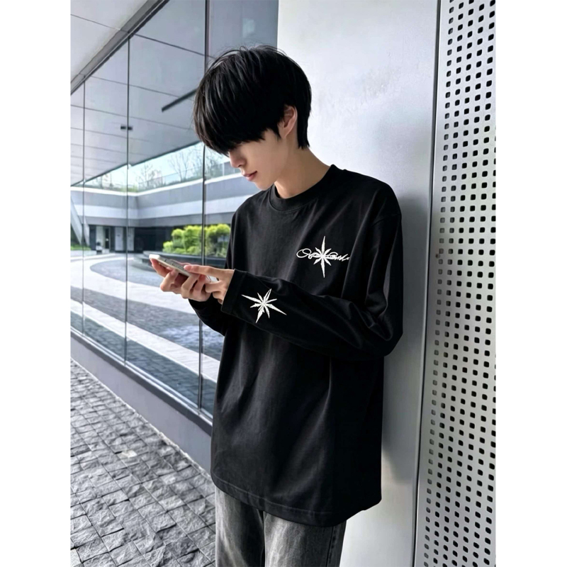 American High Street Style North Star Embroidered Pure Cotton Long-Sleeved T-Shirt for Men, 2026 Autumn New Style, Loose Top for Teenagers