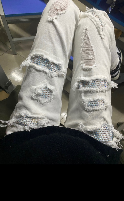 High Street White Diamond European and American Style Trendy Brand Light Luxury Ripped Rhinestone Washed Distressed Unisex Slim Straight Jeans