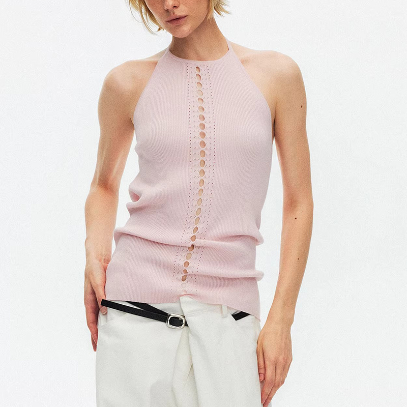 Sallthe Salt Tea Tea Lyocell Lace-Up Halter Neck Hollow-Out Ribbed Knit Sweater Camisole Top 2026 New Style
