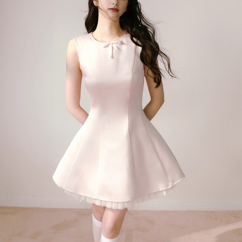 Reciit Pink Glossy Satin Vest Dress for Women with Mesh Splicing, Ballet Style Sleeveless Tutu Dress, Mini Dress Reciit Pink Glossy Satin Vest Dress for Women with Mesh Splicing, Ballet Style Sleeveless Tutu Dress, Mini Dress