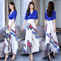 Wide leg pants suit womens summer 2021 new chiffon printed high-waisted culottes temperament thin two-piece set foreign style age reduction