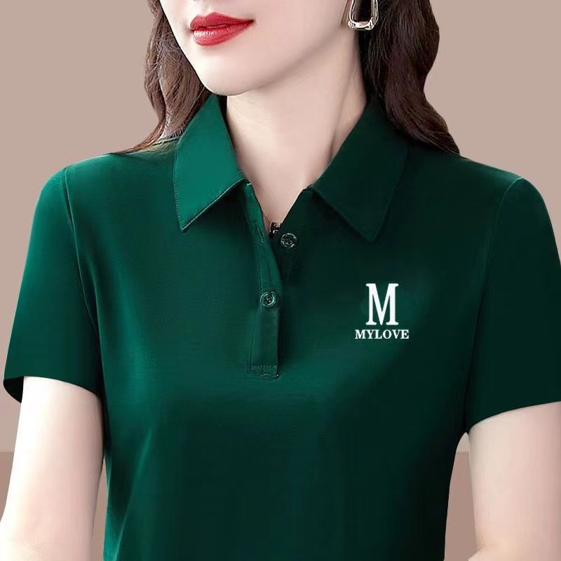Lapel Casual Short-Sleeved T-Shirt for Women, Summer 2023 New Style Polo Shirt, Age-Reducing, High-End, Loose, Slimming T-Shirt for Mothers