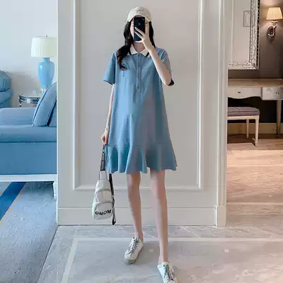 Pregnant women short sleeve dress 2020 new spring Korean version polo collar temperament long version skirt wear fishtail skirt