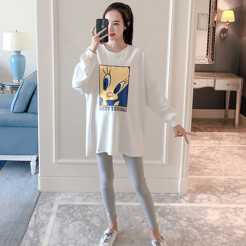 Pregnant woman Fashion round neck Long sleeves T-shirt Fashion Spicy Mother Cartoon Pure Cotton Blouse for long version of cute maternity dress