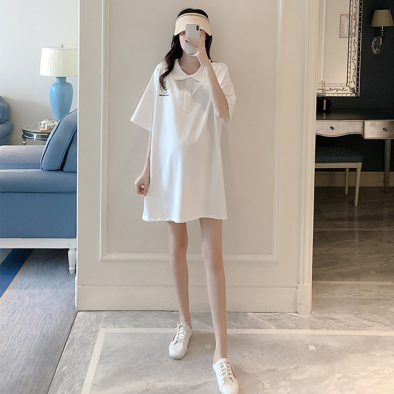 Pregnant women lapel T-shirt long version of Korean tide mom fashion 2020 personality lapel T-shirt shirt short sleeve