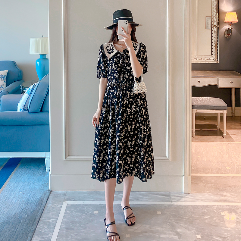 Maternity spring and summer new fashion lapel floral Korean version dress mid-length thin chiffon high-grade skirt