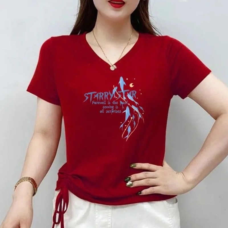 Side-Tie, Super Trendy, Hot-Stamped, Slimming Sweetheart Neckline Short-Sleeve T-Shirt, Tummy-Covering, 2026 Cotton, Versatile T-Shirt for Square Dancing