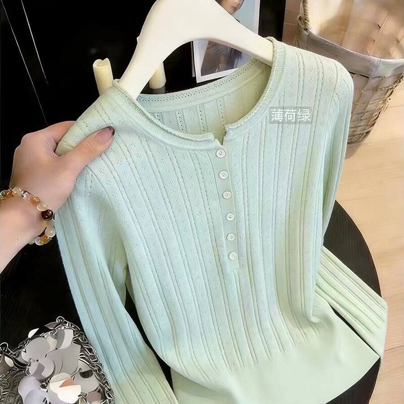 Sweet Mint Green Knitted Cardigan for Women, New Spring and Autumn Style, Round Neck, Single-Breasted, Hollow-Out, Slim Fit, Gentle Style, Long-Sleeved Top Sweet Mint Green Knitted Cardigan for Women, New Spring and Autumn Style, Round Neck, Single-Breasted, Hollow-Out, Slim Fit, Gentle Style, Long-Sleeved Top