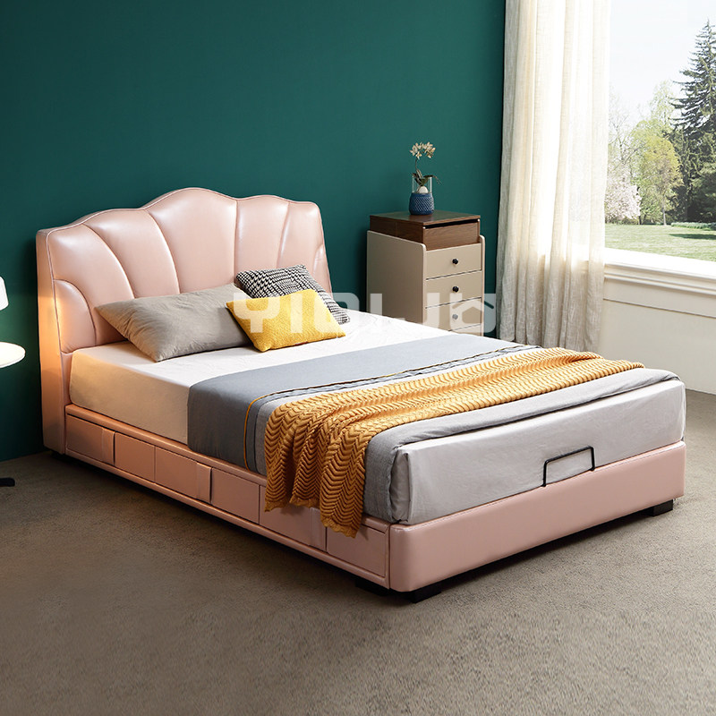 Modern minimalist Nordic small apartment secondary bedroom side storage children's leather bed girl princess bed pink bedroom bed
