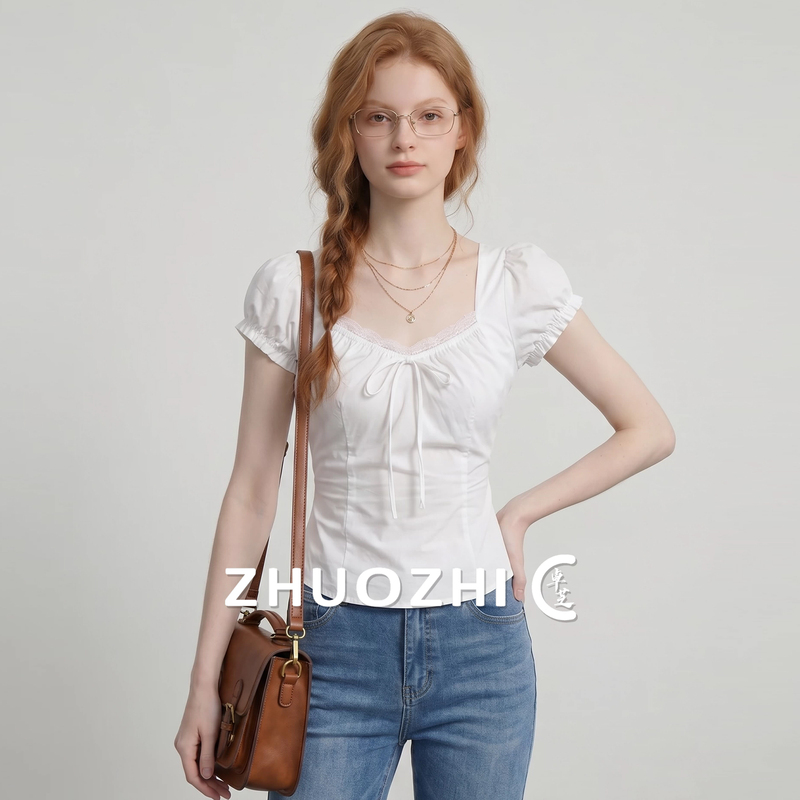 Zhuo Zhi French-Style Sexy Lace-Up Waist-Cinching T-Shirt 2026 Summer New Slim-Fit Puff Sleeve Top Zhuo Zhi French-Style Sexy Lace-Up Waist-Cinching T-Shirt 2026 Summer New Slim-Fit Puff Sleeve Top