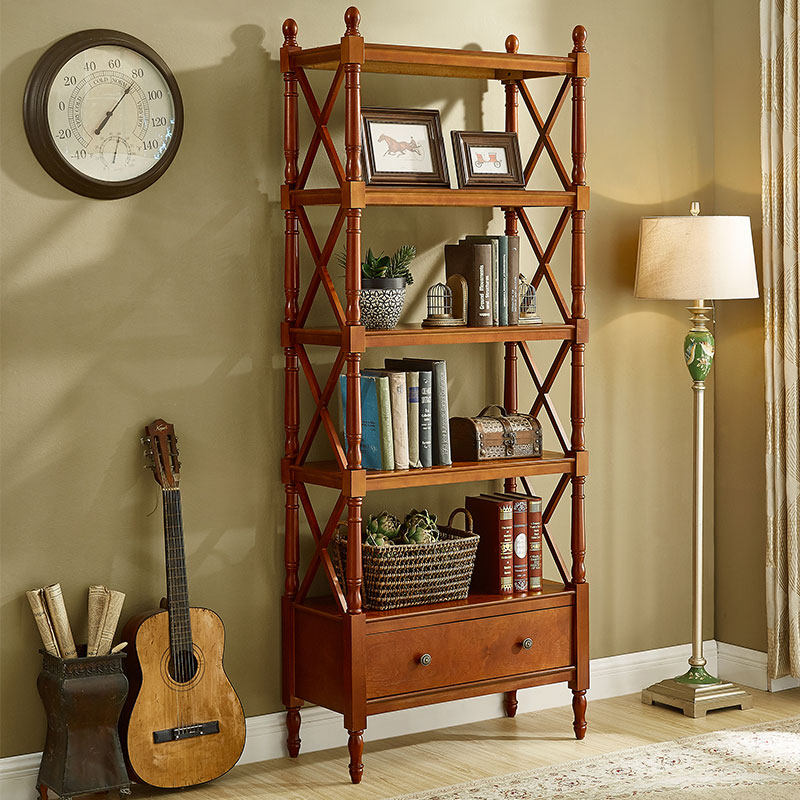 American solid wood bookshelf rack simple living room floor shelf children's combination bookcase drawer multi-layer storage shelf
