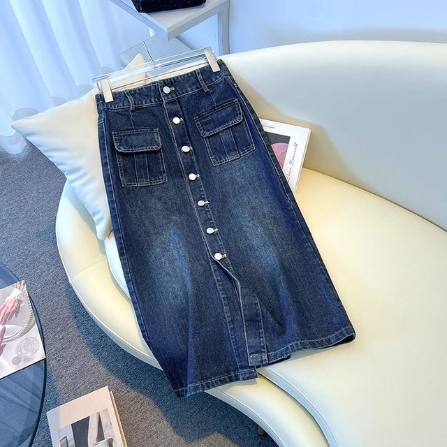 Denim skirt for women spring and autumn 2025 new autumn hip-covering skirt mid-length single-breasted retro temperament one-step skirt