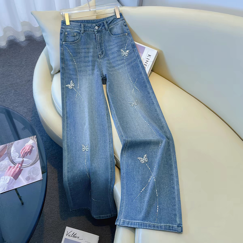 Light Blue Butterfly Rhinestone Wide-Leg Jeans for Women 2026 New Spring and Summer High-Waisted Loose Slimming Straight Pants