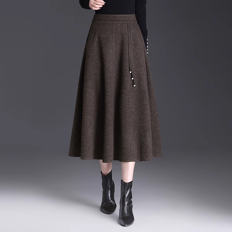 Thick Woolen Skirt for Women, Spring and Autumn 2025 New Style, High-Waisted, Slimming, Mid-Length, Large Flared A-Line Skirt, Long Skirt with Drape