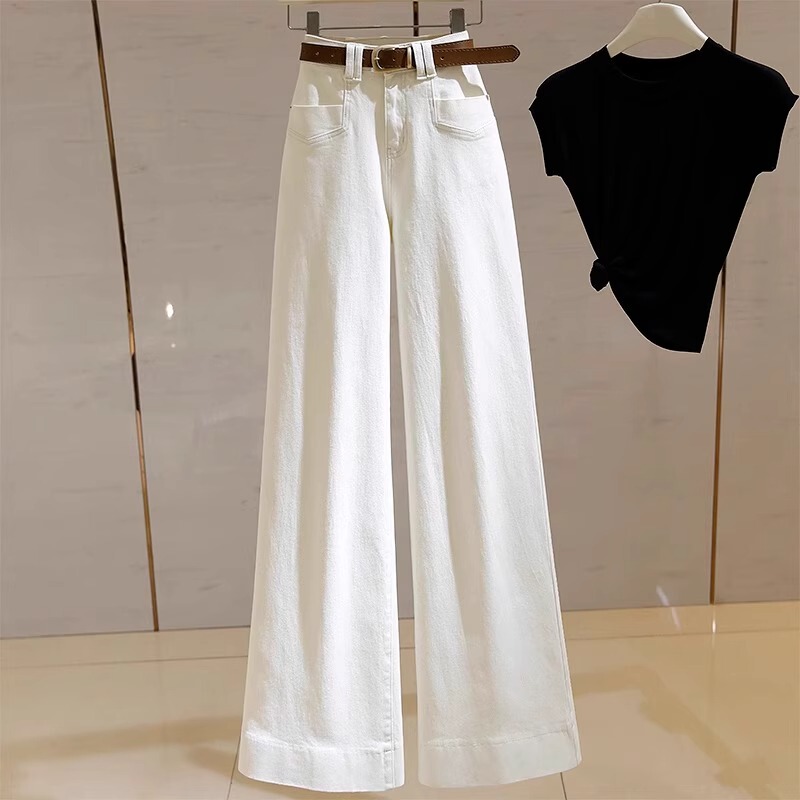 White Non-Tight Flared Wide-Leg Jeans for Women, 2026 Summer New American High Street Style, Body-Covering Wide-Leg Pants