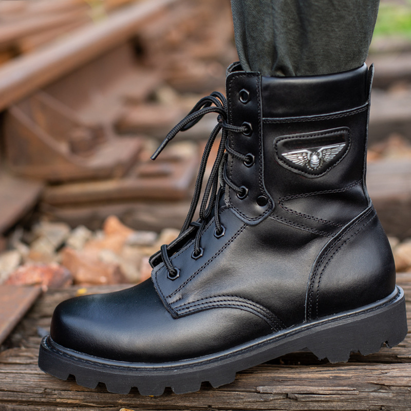 Steel head men's and women's shoes high cylinder tooling combat training boots Martin boots on duty security men's boots Genuine Leather Outdoor Combat Boots