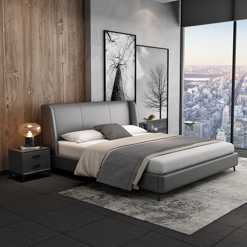 Shu Pure Genuine Leather Bed Master Bedroom 1 5 m 1 8 m Modern minimalist Minimalist Leather Art Bed Nordic Double Bed Wedding Bed