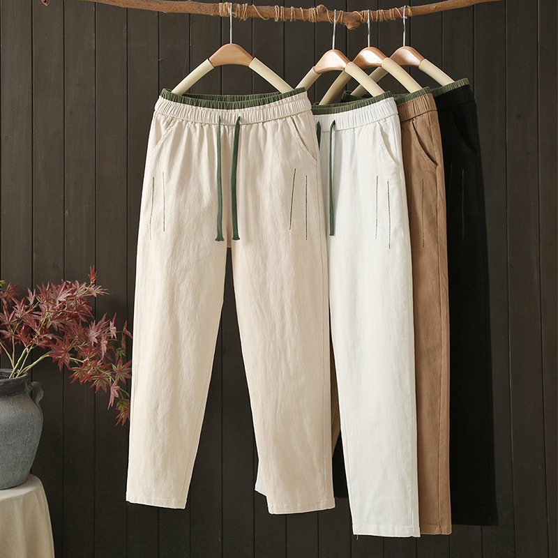 Casual Pants for Women 2025 New High-Waisted Drawstring Slimming Washed Twill Cotton Women's Pants for Mothers to Wear Outside Spring and Autumn Long Pants