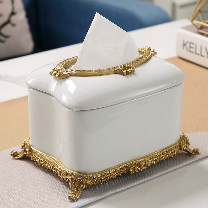 Ceramic with copper tissue box light luxury simple living room household paper box high-grade copper inlaid paper box home decoration