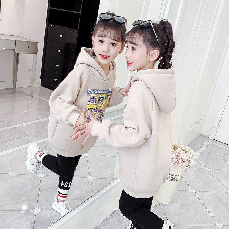 Girl's sweatshirt gush with a long section of a hat-shirt autumn winter clothing children's blouses Korean version of the ocean girl thicken CUHK Boy-Taobao