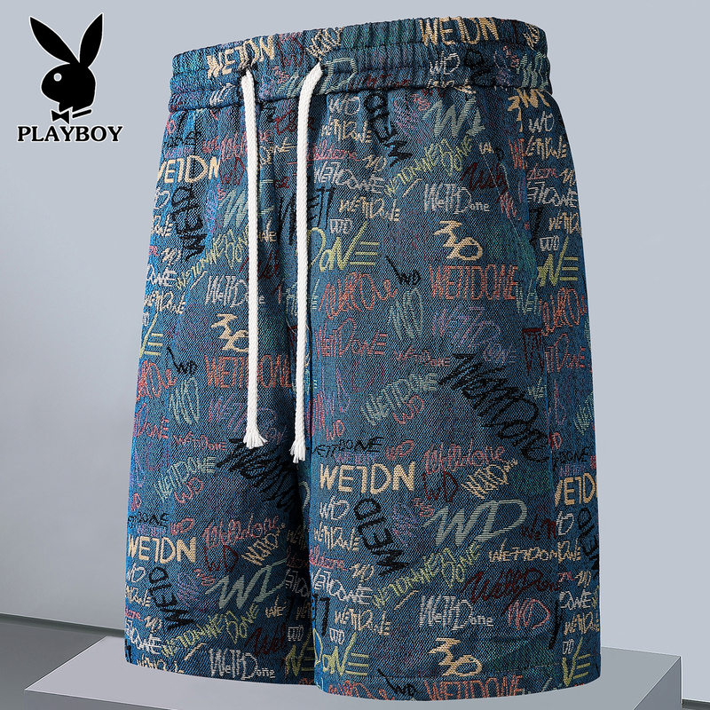 Playboy Men's Yarn-Dyed Five-Point Shorts, Outdoor Straight-Leg Mid-Length Pants, Loose Plus-Size Beach Shorts, Men's Casual Shorts